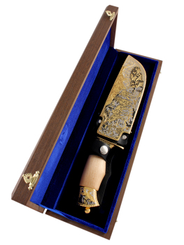 Позолоченный сувенирный нож "Вавилон" волки сталь ЭИ-107 в подарочном футляре, Златоуст