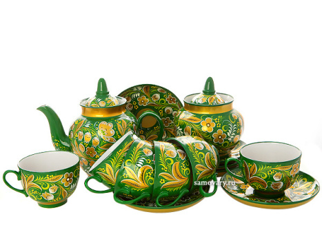 Чайный сервиз с художественной росписью "Хохлома на зеленом фоне" на 6 персон