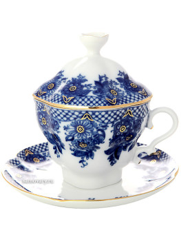 Чашка чайная с крышечкой и блюдцем, форма "Подарочная-2", рисунок "Гирлянда", Императорский фарфоровый завод