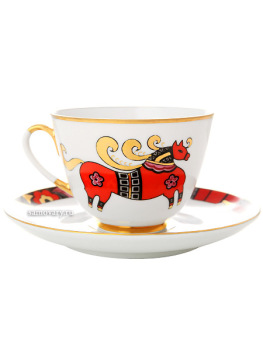 Чашка с блюдцем чайная форма "Весенняя", рисунок "Красный конь", Императорский фарфоровый завод